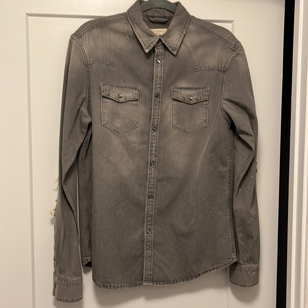 Mens All Saints Medium Gray Denim Button Down